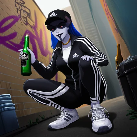 masterpiece, very aesthetic, outside, street, graffiti, trash, from below, low-angle view
BREAK 1girl, proximamcu, colored skin, slav squatting, adidas, track suit, track jacket, track pants, sneakers, adidas, gold jewelry, neck chain, sparkle, baseball cap, smug, beer bottle, holding bottle
<lora:ProximaMidnight-MCU_NAIXL_v10-000030:1>