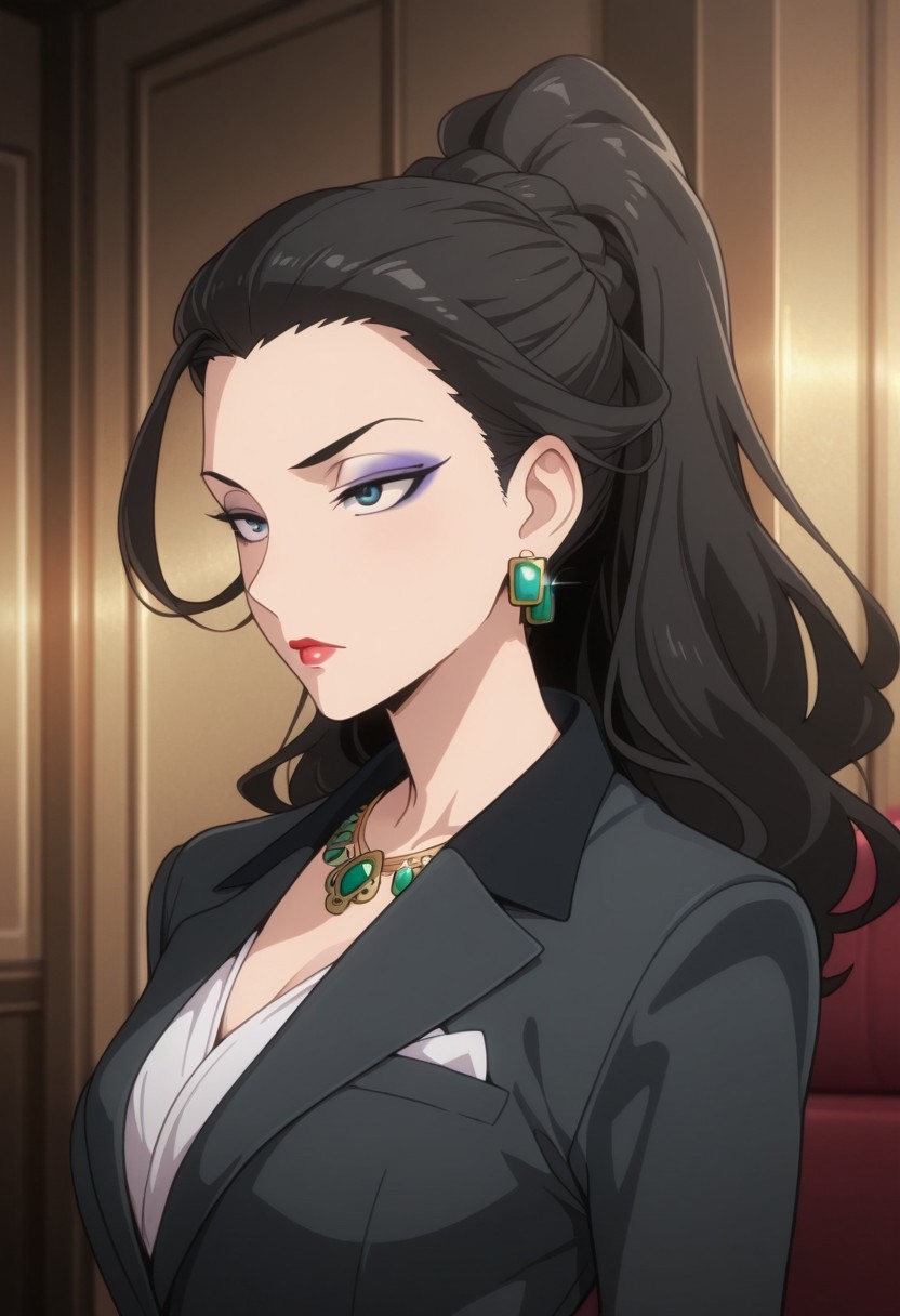 masterpiece,best quality,amazing quality, mishiro joumu, black hair, ponytail, long hair, greenish-blue eyes, 1girl, jewelry, earrings, hair pulled back, solo, makeup, formal, suit, lipstick