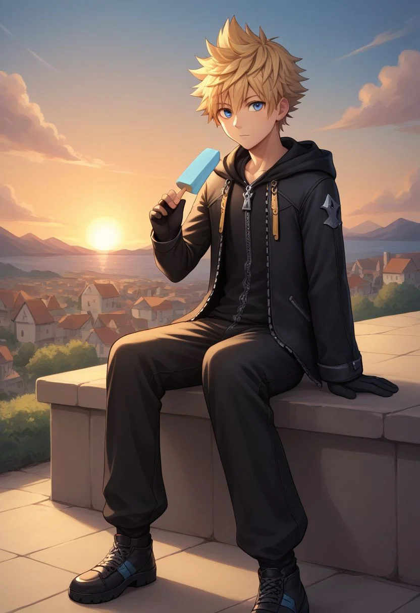 score_9, score_8_up, source_anime, highly detailed, 1boy, solo, male_focus slender, skinny,
roxas, solo, male focus, 1boy, blue eyes, blonde hair, zipper, gloves, spiked hair, black footwear, hood, hood on head, black coat, hold, holding Popsicle, blue Popsicle, upper body,
outdoor, village, sunset, sit,