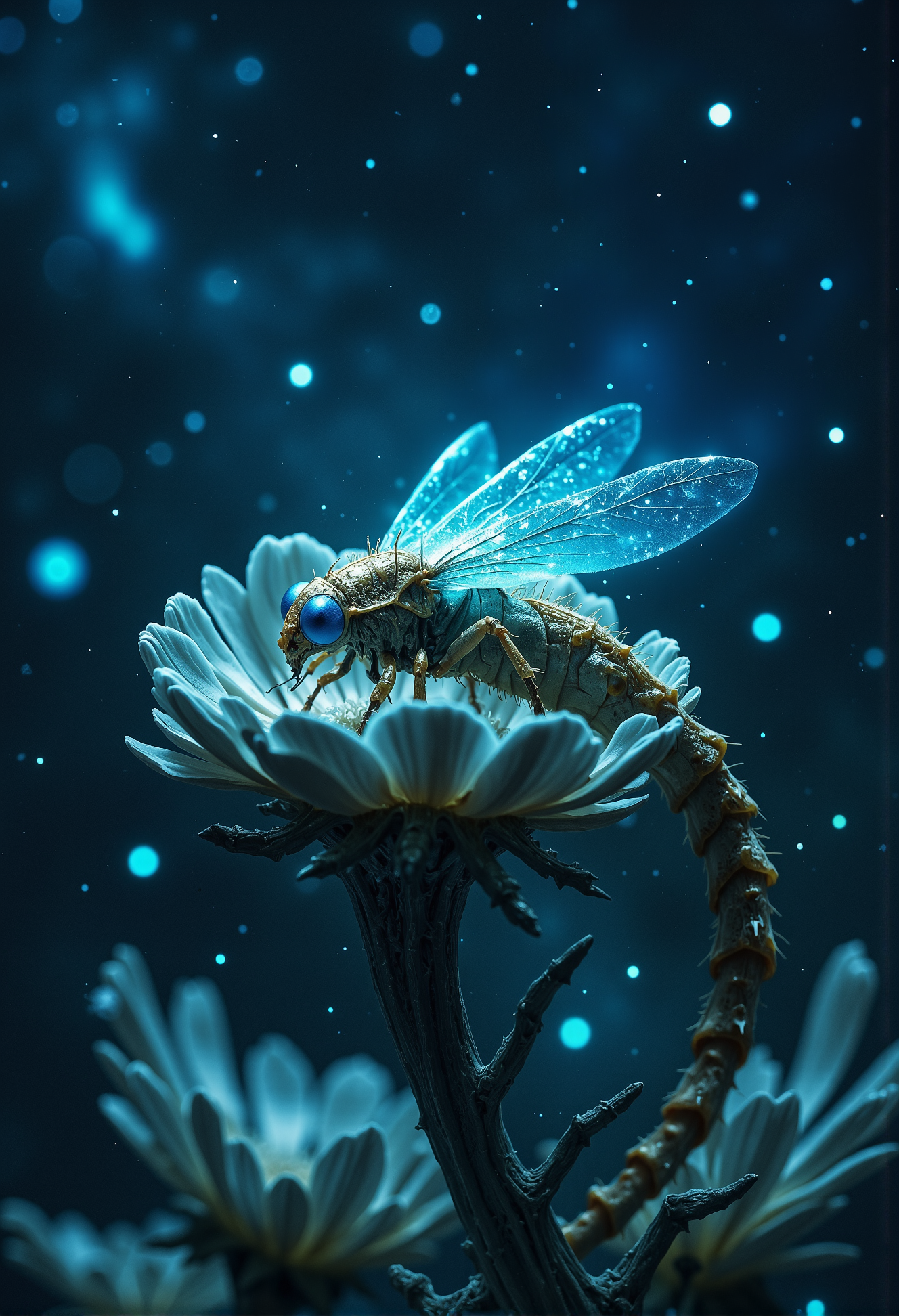 A tiny, firefly-inspired alien insect emitting a soft blue glow, nestled inside a strange, spiraling alien flower under a starry night sky. <lora:FredFraiStyle-FLUX-Share.safetensors:0.25>,  <lora:Magic_of_Art_\(FLUX\).safetensors:0.25>,  <lora:Elden_Ring_-_Yoshitaka_Amano.safetensors:0.75>,  <lora:- Flux1 - soothing_atmo_V2.0.safetensors:0.15>,