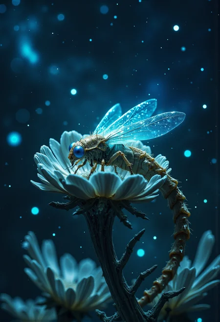 A tiny, firefly-inspired alien insect emitting a soft blue glow, nestled inside a strange, spiraling alien flower under a starry night sky. <lora:FredFraiStyle-FLUX-Share.safetensors:0.25>, <lora:Magic_of_Art_\(FLUX\).safetensors:0.25>, <lora:Elden_Ring_-_Yoshitaka_Amano.safetensors:0.75>, <lora:- Flux1 - soothing_atmo_V2.0.safetensors:0.15>,