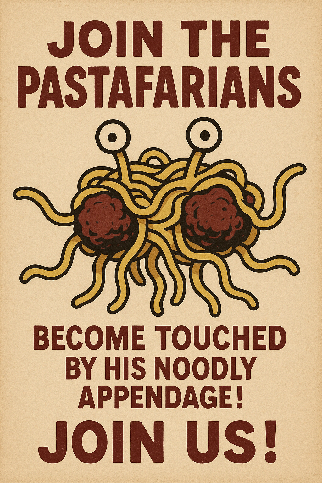 Imagine a flyer inviting people to join the Pastafarian mouvment with funny illustration and text