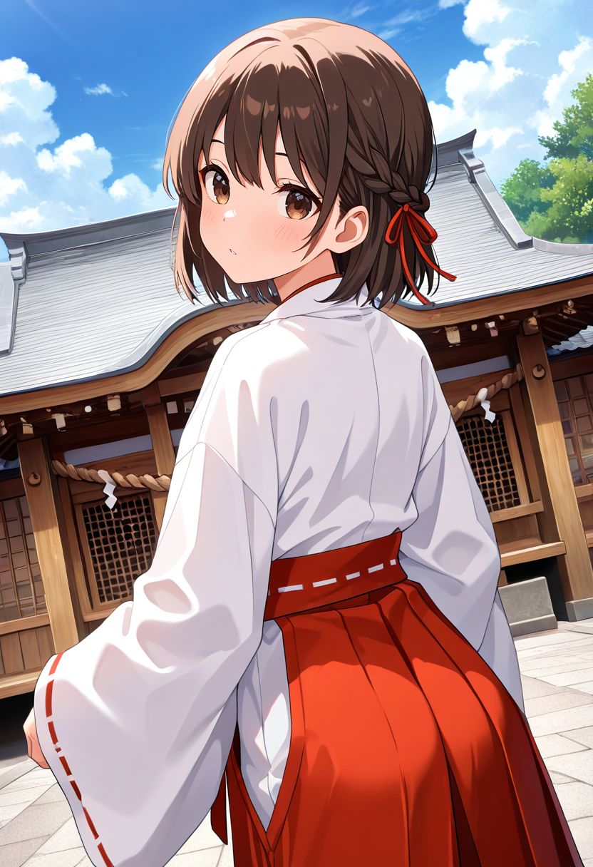 masterpiece, best quality, absurdres, very aesthetic, general,
1girl, braid, miko, back, looking at viewer, shrine, dutch angle, brown hair, short hair, brown eyes, cloudy sky, blue sky,