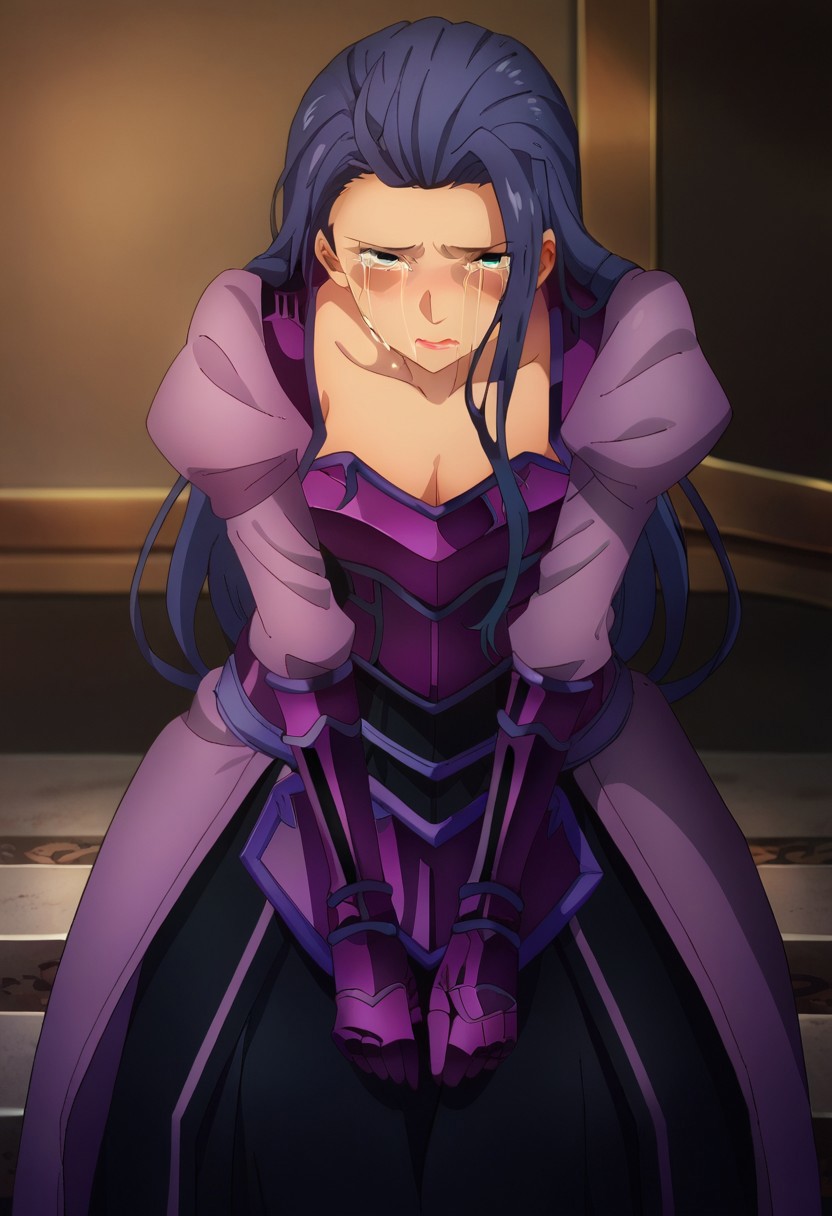 score_9, score_8, score_7, source_anime, lipia zancale, collarbone, upper body, lips, full body, armored dress, blush, gloves, boots, tears, crying