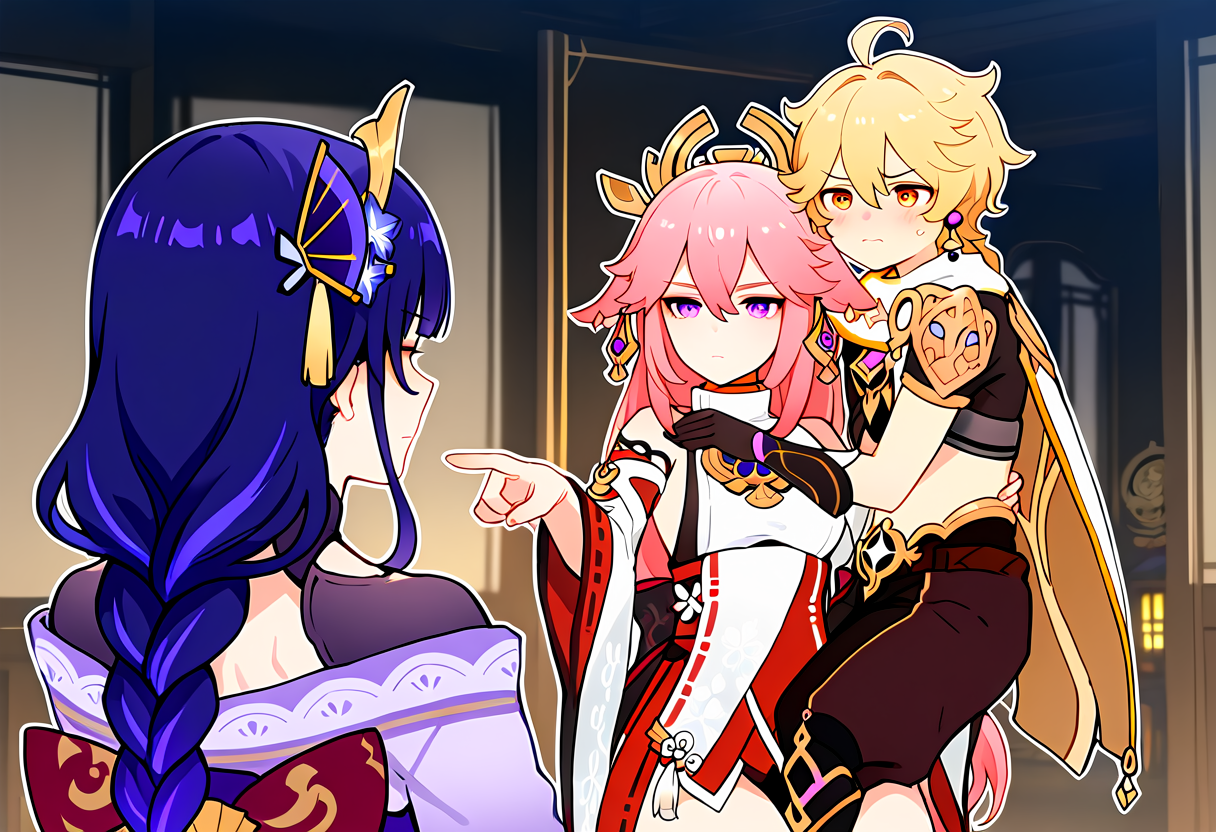 masterpiece, best quality, absurdres, protected kevin hert (meme), 1boy, 2girls, aether \(genshin impact\), yae miko, raiden shogun, carrying, carrying person, pointing at another, <lora:protected_kevin_hert-10-NOOB:1>