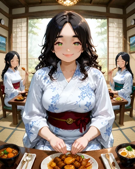 IllusP0s, PonyScores7, source_anime, ah1, IllustriousQual, interesting, exciting, spectacular, wonderful,
BREAK <lora:xl_more_art-full_v1:0.2>, <lora:aesthetic_anime_v1s:0.2>, <lora:EpicF4nta5yXL:0.2>, <lora:detailxl:0.2>, detailxl, <lora:Fant5yP0ny:0.2>, amazing quality, best aesthetic, absurdres, illustration, Volumetric_Lighting, ultra-detailed, very aesthetic, intricate details, best_quality,
BREAK ((sitting, eating)),
BREAK Stable_Yogis_PDXL_Positives, AS-Adult, <lora:Complicated fantasy portrait - XL Pony V2.0:0.2>, bad-hands-5, <lora:HDA_Detailer:0.3>, <lora:Love_Live_Sunshine_Illustrious_SD8-1:0.5>, ((conceptual fashion photography, merging art and style, creative storytelling, unique compositions, vibrant colors, showcasing clothing as art, emotional resonance, innovative techniques, artistic expression, thought-provoking visuals, immersive experiences, blending reality and fantasy, powerful narratives, celebrating individuality, engaging imagery)),
BREAK 1girl, mature female, (curvy), round-chin, caucasian, <lora:ETO_OC_Illustrius:0.5>, eto_oc, skindentation, (plump), thick thighs, wide hips, busty, voluptuous, <lora:venus body PonyXL:0.3>, <lora:shinyskin2:0.2>, glistening skin, HDA_FatGirlXL, round ass, large breasts,
BREAK ((<lora:heyashoku:0.5> heyashoku, food, table, yukata)),
BREAK (curly hair), long hair, (black hair:1.4), (parted hair:1.7), messy hair, kinky curls, <lora:hairdetailpxl:0.2>, hairdetailpxl,
BREAK (half green and brown eyes), (colorful eyes), (multicolored eyes), (downturned eyes:1.4), expressive eyes, <lora:perfect-eyes:0.4> perfecteyes , EyesHD, (round face:1.2), (thick eyebrows:1.3), (plump face), <lora:Round_face:0.2>, lips, <lora:DetailedEyes_xl_bdsqlsz_V1:0.4>, <lora:Eyes_Lora_Pony_Perfect_eyes:0.4>, <lora:focusoneyes:0.4>,
BREAK ((closed eyes, smile expression)), <lora:Expressive_H:0.2>, Expressiveh, <lora:Emotional_Anime_Expressions_PonyXL_Concept:0.2>, emotional, <lora:Best_Facial_Expression_LoRA_PONY:0.2>, looking at viewer, <lora:Detailed expressive EXEV style -XL Pony V1.0:0.2>, FaceDetail, <lora:Best_Facial_Expression_Helper_XTREME_ILLU:0.4>, kaogei,
BREAK (((indoors, ryokan))), <lora:Background Detailer - SDXL:0.8>, 4k, 8k, Ultra HD, Masterpiece, Best quality, Detailed background, <lora:Add_more_details_V2_XLpony:0.4>, full_details, <lora:background-type1:0.4>,