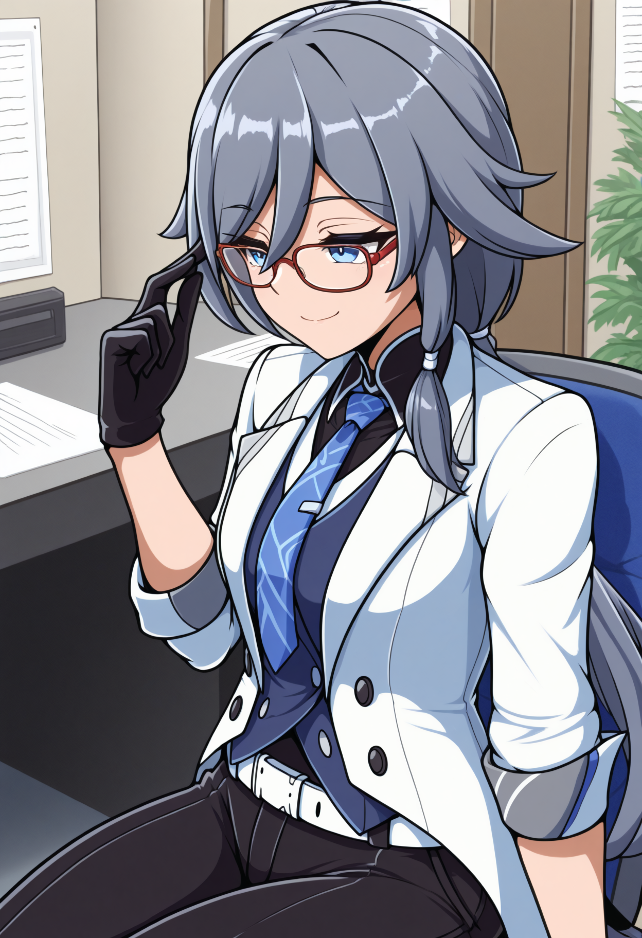 masterpiece, best quality, 1girl, solo, HuaNightSquire, blue eyes, grey hair, long hair, low ponytail, glasses, white jacket, blue vest, blue necktie, black gloves, white belt, black pants, sitting, indoors, office, smile, <lora:ChamFuHuaNoob:1>