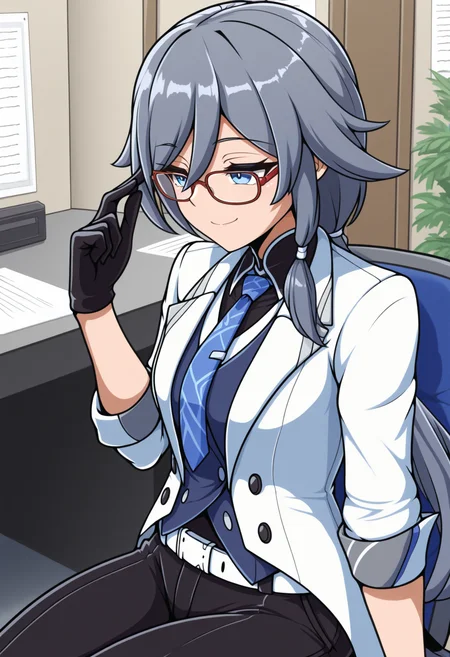 masterpiece, best quality, 1girl, solo, HuaNightSquire, blue eyes, grey hair, long hair, low ponytail, glasses, white jacket, blue vest, blue necktie, black gloves, white belt, black pants, sitting, indoors, office, smile, <lora:ChamFuHuaNoob:1>