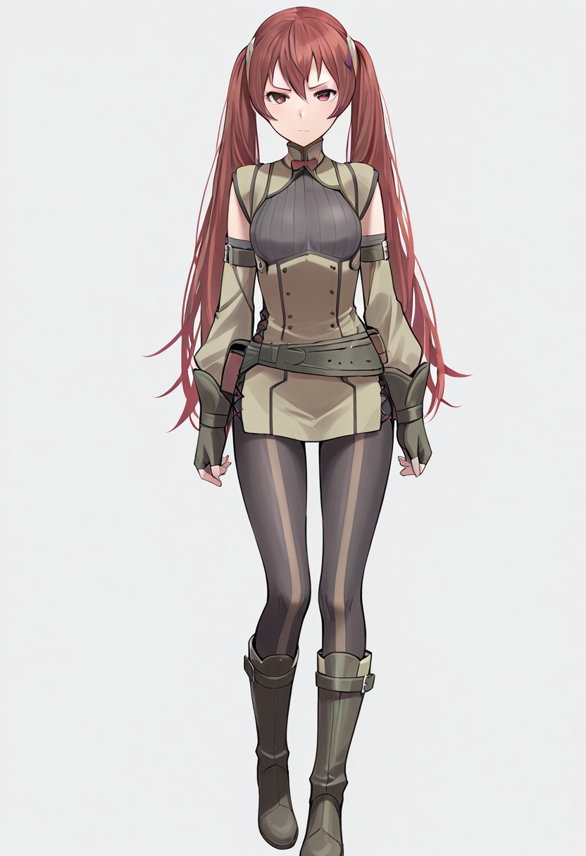 masterpiece, best quality, crimsonj-girl.fightil,
  1girl, Severa, long hair, red hair, twintails, red eyes, Tunic, detached, sleeves, pantyhose, boots
looking at viewer
  Simple background, ,  perfect anatomy
