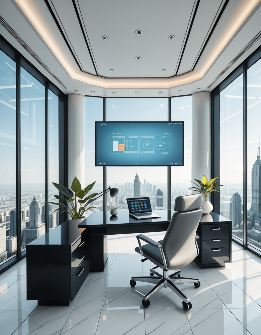 A modern, luxurious executive secretary's office located at the top floor of a futuristic skyscraper. The office has floor-to-ceiling glass walls offering a breathtaking panoramic view of a bustling metropolis under a clear blue sky. Inside, the design is ultra-minimalist and high-tech, with sleek white furniture, a glossy black desk with an integrated digital interface, and an ergonomic designer chair in matte gray leather. There are a few elegant green plants strategically placed for a touch of nature. A thin holographic screen hovers above the desk, displaying schedules and emails. The lighting is bright but soft, coming from recessed LED strips in the ceiling and natural sunlight pouring in. The atmosphere feels calm, professional, and cutting-edge, reflecting the spirit of a powerful tech company. In the background, a subtle artistic sculpture and a minimalist clock complete the decor.
<lora:SDXLFaeTastic2400:0.4> <lora:extremely_detailed:0.4> extremely detailed,secretary 0ff1c3, <lora:secretary_0ff1c3_r1-i:1>, Masterpiece,best quality,hi res,8k,hi res,8k,award winning,(sharp focus, intricate, highly detailed),