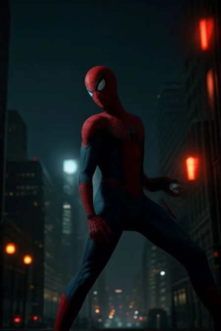 Spider-Man in a red and blue suit on the background of a night city. He stands surrounded by cobwebs and looks directly at the viewer