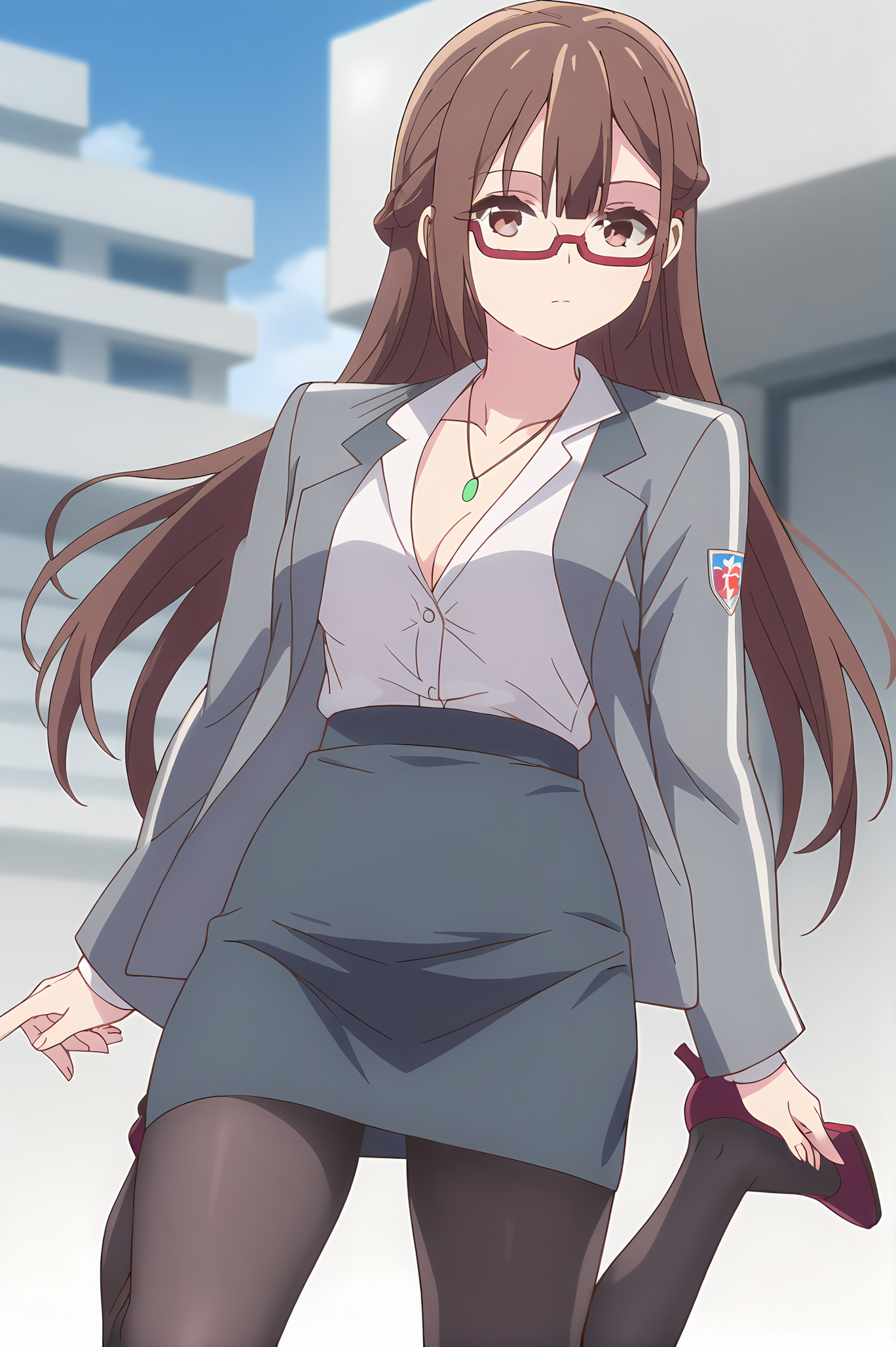 (grey jacket white shirt pencil skirt black pantyhose high heels:1.30), gg-miranda, necklace, brown hair, brown eyes, red glasses, medium breasts, 1girl, solo, skinny, score_9, score_8_up, score_8, score_7_up, score_7, score_6_up, score_6, score_5_up, score_5, source_anime, blush, outdoors, (straight-on:1.20), (:1.20), , <lora:gg-miranda-V01-000003:1.00>