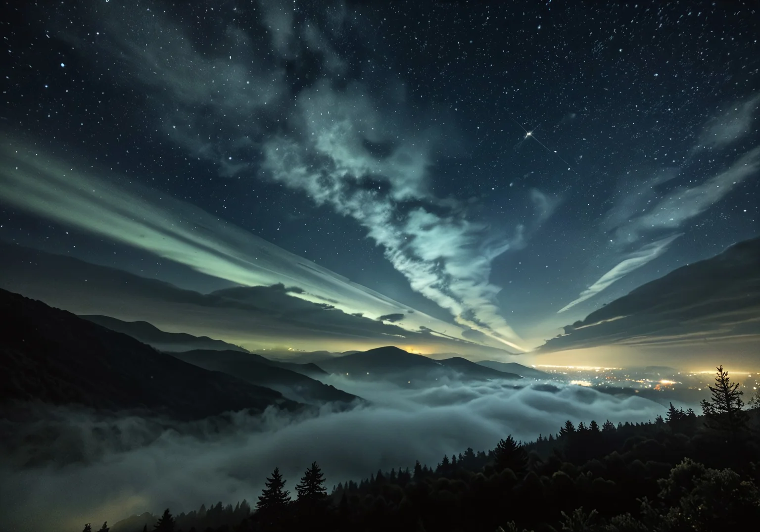 asterpiece, best quality, ultra-detailed, depth of field, intricate details, highres,
night, night sky, stars, mist, fog, clouds, floating islands