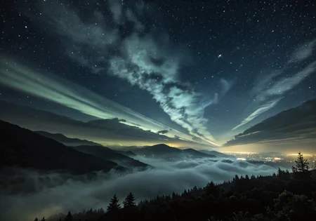 asterpiece, best quality, ultra-detailed, depth of field, intricate details, highres,
night, night sky, stars, mist, fog, clouds, floating islands