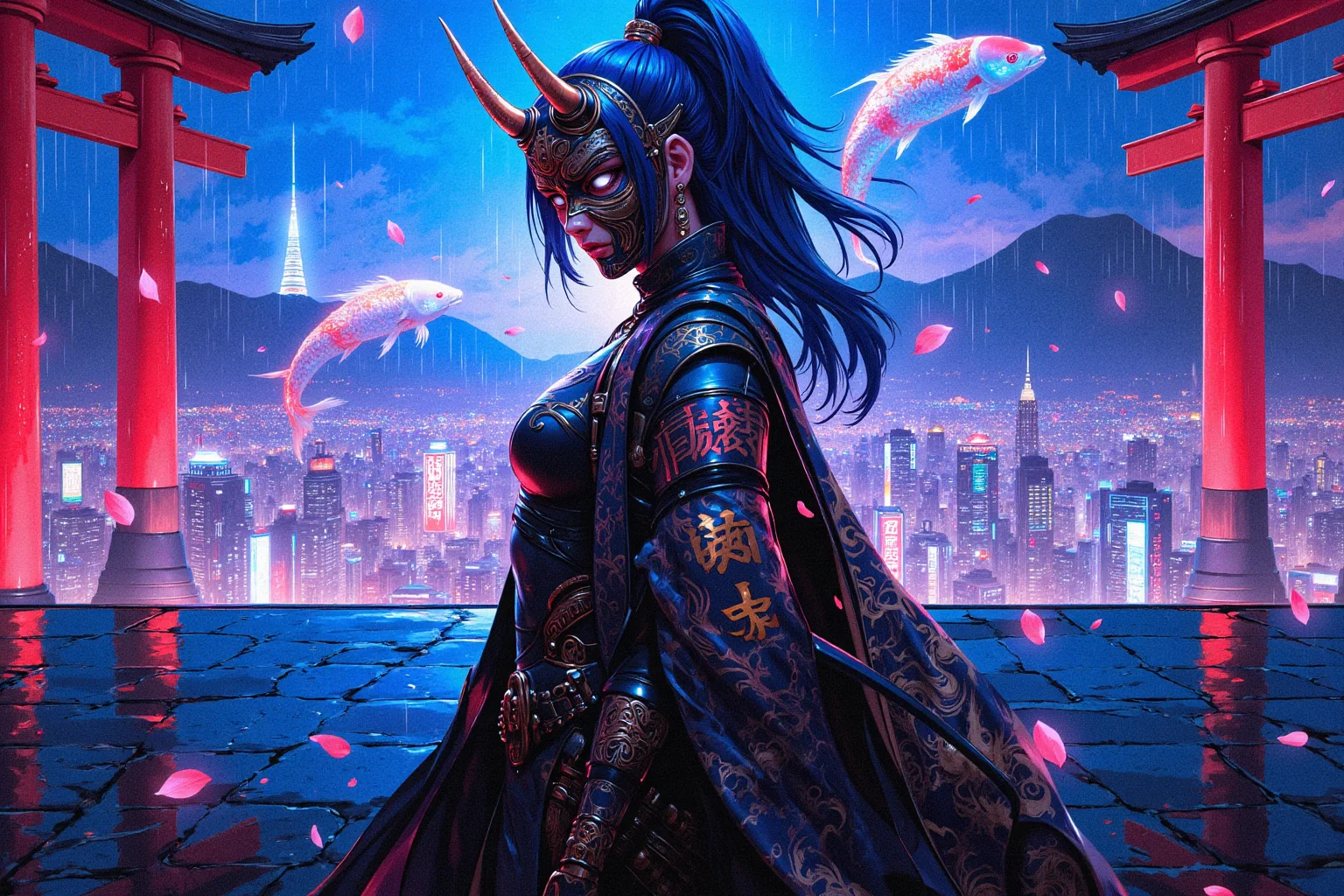 A breathtaking, ultra-detailed **cyberpunk kunoichi** stands confidently on a rain-slicked rooftop in **Neo-Tokyo**, her full face and body facing the camera. Her striking **white eyes glow intensely**, reflecting the neon lights of the towering cityscape behind her. Her **perfectly sculpted face** is both ethereal and dangerous, framed by sleek **electric-blue hair**, tied into an elegant, high ponytail. The soft glow of cybernetic circuits weaves through her strands like **digital veins of light**.
She wears a **large, intricate hannya mask**, pushed to the side of her head, partially resting above her temple. The mask flickers between **solid form and digital transparency**, revealing glimpses of a demonic visage coded in neon-red energy. Its **horns pulse subtly**, as if alive with an ancient, forbidden power.
Her **form-fitting cybernetic bodysuit** seamlessly blends **traditional Japanese aesthetics with high-tech enhancements**. The fabric, textured like **woven silk**, is reinforced with nanofiber plating that glows softly with **golden kanji symbols**, shifting between **ancient protective spells and encrypted cybernetic data streams**. A sleek **cybernetic samurai shoulder guard**, adorned with glowing circuitry, adds to her battle-ready stance. Her **left arm is fully cybernetic**, crafted from a **polished obsidian alloy**, its surface etched with intricate, luminous dragon tattoos that seem to writhe with each movement.
Behind her, the **massive neon skyline of Neo-Tokyo** stretches infinitely, bathed in electric blues, violets, and deep magentas. Towering **red torii gates**, repurposed as **holographic digital shrines**, pulse with soft crimson light. Gigantic **holographic koi fish swim through the air**, weaving between shimmering **data streams cascading from floating megastructures**.
A **gentle rain falls**, each droplet catching the neon glow before disappearing into the shimmering pavement. **Bioluminescent cherry blossom petals drift through the air**, glowing softly as they pass through digital advertisements flickering across the skyline. She **stands with absolute confidence**, her piercing gaze locked onto the viewer, exuding power, mystery, and the unshakable presence of a warrior who **rules both the digital and physical worlds**.
A masterful fusion of **traditional Japanese elegance and cyberpunk futurism**, captured in **ultra-detailed, hyper-realistic 8K resolution**. **Cinematic lighting, neon-drenched atmosphere, breathtaking visuals, infused with deep Japanese cyberpunk lore.**
Art in the style of Yomu_Yakadashi.
EpicGorgeousDetails, cinna flow, 8k detailed neon themed digital illustration style, 8uartz4r4