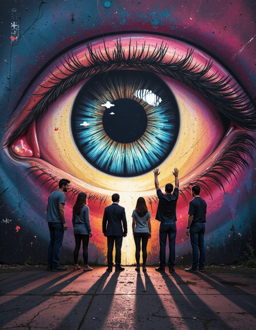 Several people are trying to enter a large eye,oil painting of,Graffiti style Street art vibrant urban detailed tag mural,minimalistic sharp outlines glass translucency Curly electric field long exposure contour Swirling (Dilapidated iridescent mercury:1.1) veins in colored fiber optic hightly detailled perfect body back light ligth flow spread arms,style by Sam Toft,detailed masterpiece most beautiful artwork in the world Ultrarealistic,Fuji superia 400,volumetric lighting