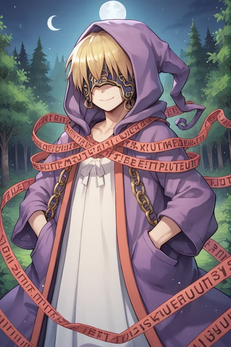 (score_9, score_8_up, score_7_up, score_6_up), source anime, BREAK, solo, <lora:Nessiah-000013:0.55> , nesdef, 1boy, blonde hair, mask, covered eyes, hooded robe, hood up, robe, purple robe, caution tape, red caution tape, chain, cuffs, exterior, forest, trees, fortress, castle, cowboy shot, night, moon, forest, zen garden, (hands in pockets), smile, closed mouth, <lora:zy_Detailed_Backgrounds_v1:0.5> , detailed background, highly detailed, <lora:backgroundsetXL:0.4> , background, <lora:m4gXLP:0.8> , m4g,