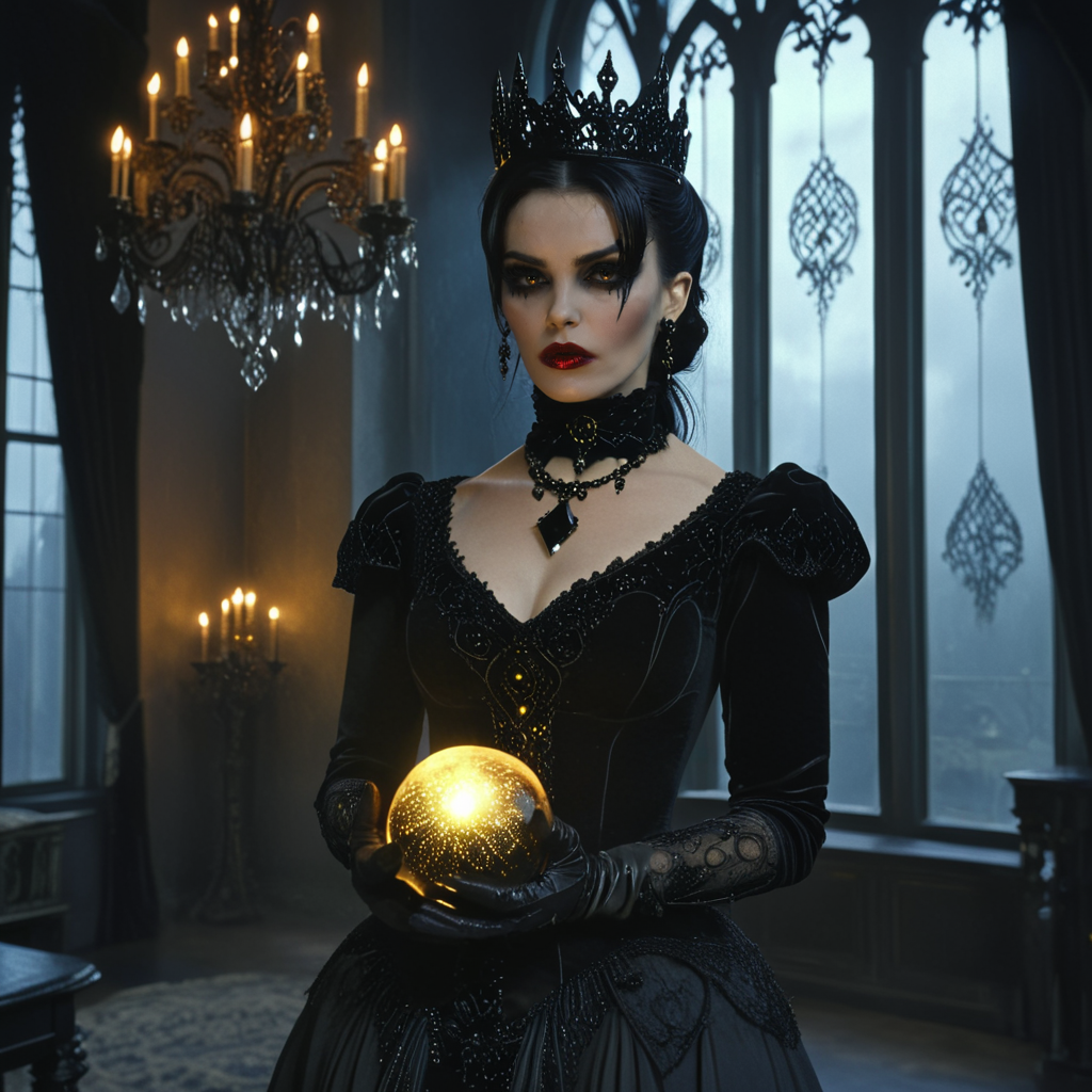 <lora:GothicDarkFantasyMovieSDXL:1> ArsMovieStill, Gothic Dark Fantasy movie still, The image is a portrait of a woman dressed in a dark and eerie outfit. She is standing in a room with a chandelier and a large window in the background. The woman is wearing a black dress with a high neckline and long sleeves and her hair is styled in a dramatic updo with a crown on top. She has dark makeup and red lipstick. In her hands she is holding a large round black crystal ball with intricate designs on it. The ball appears to be glowing with a golden light. The overall mood of the image is dark and mysterious., 1girl, black hair, solo, jewelry, earrings, makeup, gothic, long hair, gloves, dress