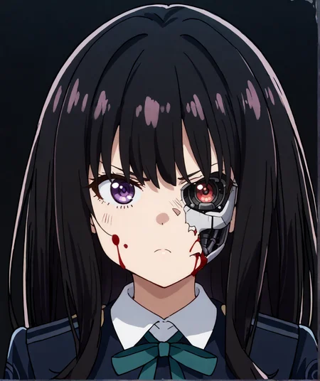 score_9,score_8_up,score_7_up,score_6_up,score_5_up,score_4_up,source_anime,best quality,masterpiece,
<lora:half_cyborg_face_pony_v1:1>,half_cyborg_face,android,mechanical parts,damaged,cyborg,heterochromia,blood on face,artificial eye,mechanical eye,science fiction,
1girl,solo,
<lora:takina-inoue-s1-ponyxl-lora-nochekaiser:1>,inoue takina,
long hair,bangs,black hair,purple eyes,shirt,long sleeves,school uniform,white shirt,collared shirt,neck ribbon,blue dress,green ribbon,
simple background,black background,looking at viewer,serious,frown,front view,upper body,