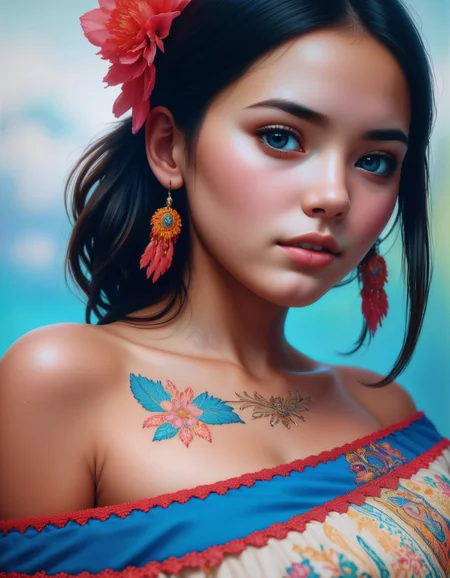 [I Pony:] score_9, score_8_up, score_7_up, score_6_up, score_5_up, score_4_up  Portrait of a cute (native american) woman standing in a powerful pose in a distinctive nature, wyoming landscape, (covered head to toe in colorful:1.10 body paint in patterns evocative of native styles), nude:1.20, inverted triangle face shape, (daintly young woman:1.30), rosy skin, tiny realistic nipples, small areolas, looking down sideways, head tilt, prominent cheekbones, cheeky smile:1.40, glossy skin:1.40, shiny oiled skin:1.40, goosebumps, beautiful eyes, feather decoration --------------------------------------------------------------------- [II SDXL:] Masterpiece:1.20, best quality:1.20, highly detailed raw photo, volumetric lighting, vivid colors, strong darks, accentuated human contours, highly detailed woman, authentic human skin texture, Large format photo, photo taken with a Hasselblad X2D 100C, photo in the style of Marc Lagrange, high gloss photo,(close shot), (analog photography), sharp focus on woman,  Portrait of a cute (native american) woman in a powerful pose in a distinctive nature, wyoming landscape, (covered head to toe in colorful:1.10 body paint in patterns evocative of native styles), nude:1.20, inverted triangle face shape, (daintly young woman:1.30), rosy skin, tiny realistic nipples, small areolas, looking down sideways, head tilt, prominent cheekbones, cheeky smile:1.40, glossy skin:1.40, shiny oiled skin:1.40, goosebumps, beautiful eyes, feather decoration