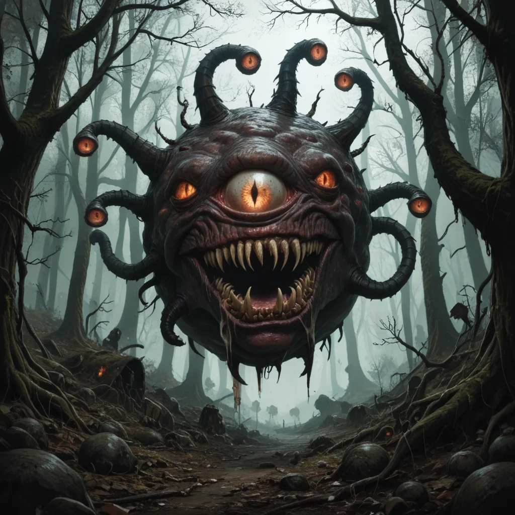 Horror-themed score_9_up, score_8_up, score_7_up, beholders, bhv2, a beholder, wings, tentacles, eyes on tentacle tips, sharp fangs, wide mouth, floating, in a dark forest, withered vegetation, dead trees <lora:beholdersv1-pony:1> . Eerie, unsettling, dark, spooky, suspenseful, grim, highly detailed