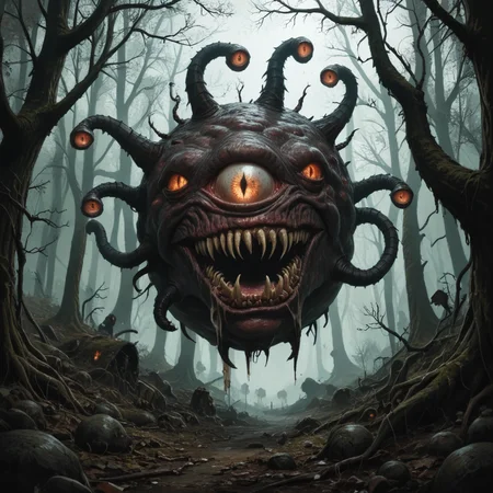 Horror-themed score_9_up, score_8_up, score_7_up, beholders, bhv2, a beholder, wings, tentacles, eyes on tentacle tips, sharp fangs, wide mouth, floating, in a dark forest, withered vegetation, dead trees <lora:beholdersv1-pony:1> . Eerie, unsettling, dark, spooky, suspenseful, grim, highly detailed