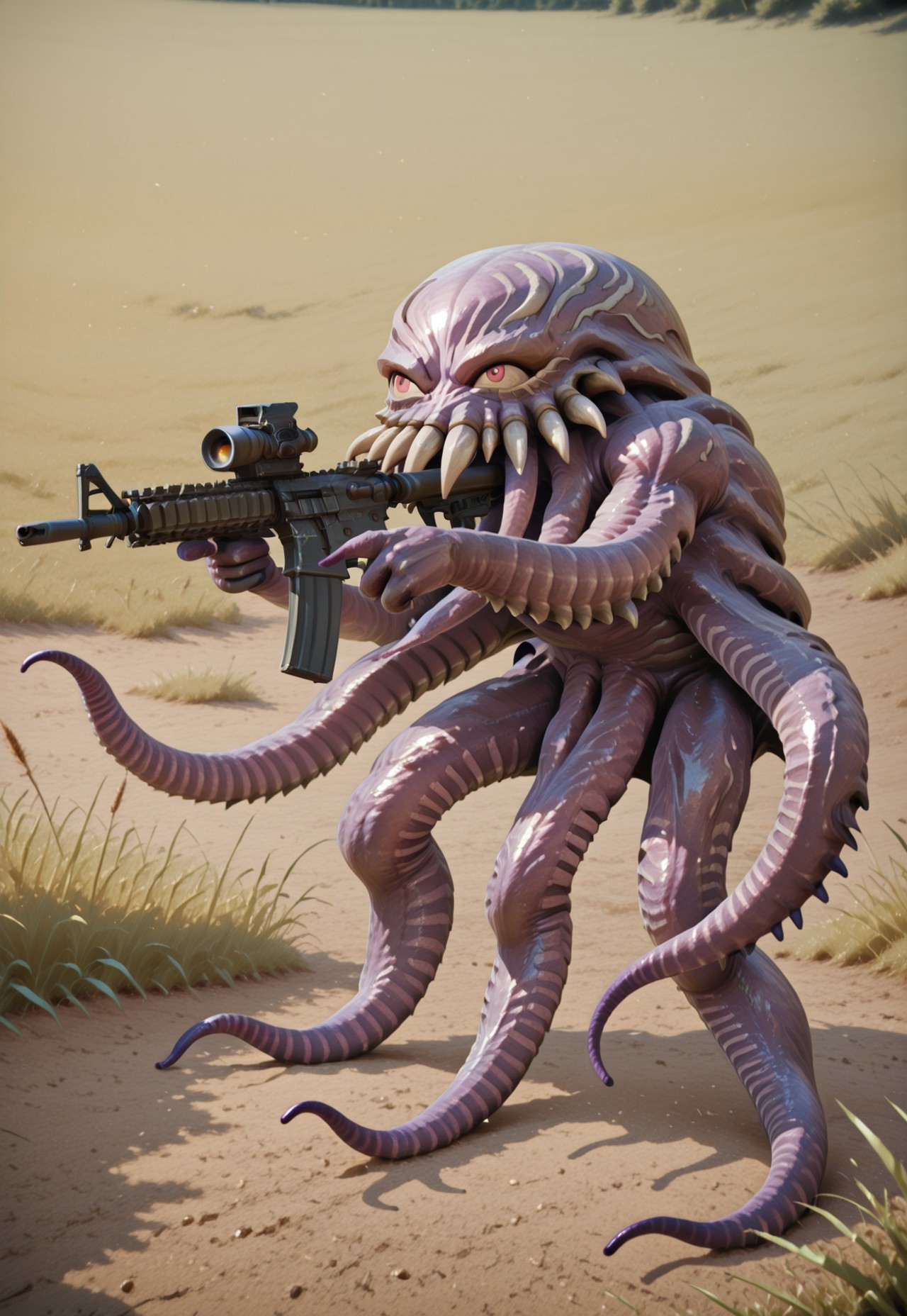 ultros, monster, solo, no humans, tentacles, sha_ge_ki, aiming, m4 carbine, genjyu_gri, holding gun, standing, (from side:0.75), outdoors, grass, plain, leaning forward, anime screenshot