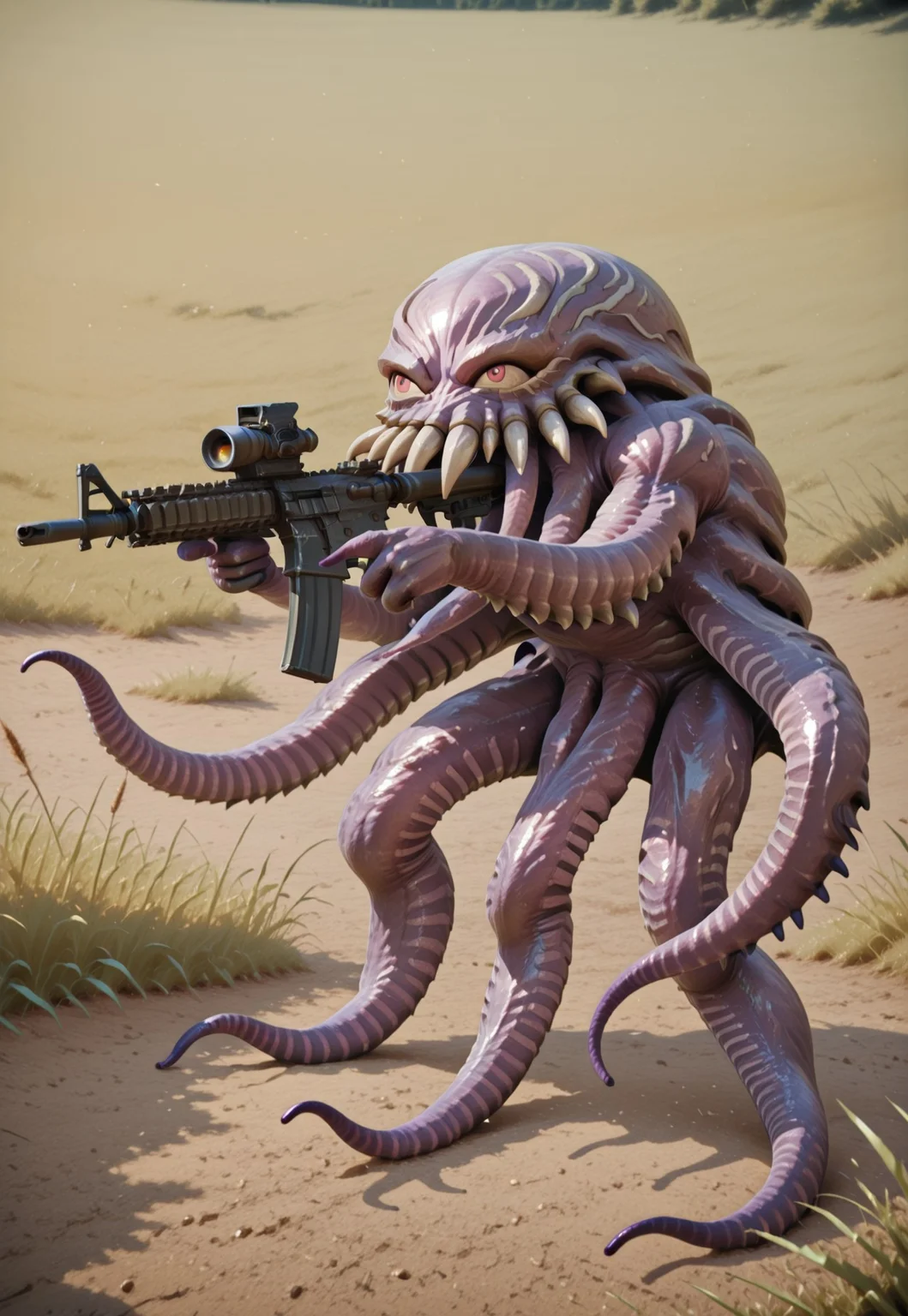 ultros, monster, solo, no humans, tentacles, sha_ge_ki, aiming, m4 carbine, genjyu_gri, holding gun, standing, (from side:0.75), outdoors, grass, plain, leaning forward, anime screenshot