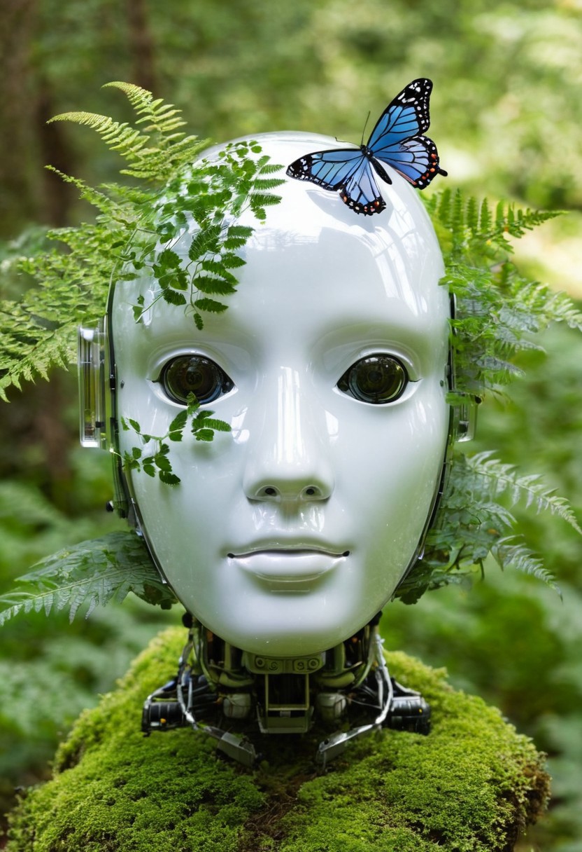 robot,simple robot,robot with glass face,ellipse head robot,(made partially out of glass),hexagonal shapes,ferns growing inside head,butterflies on head,butterflies flying around