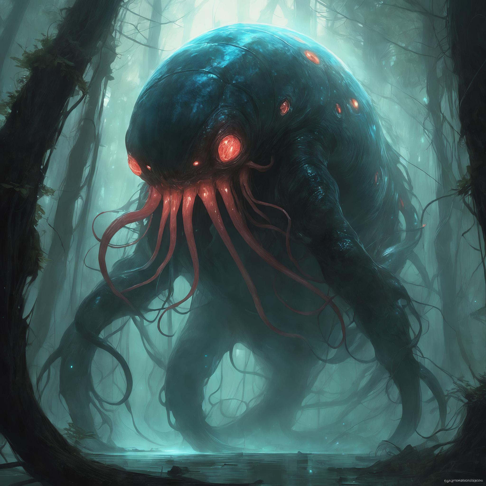 <lora:add-detail-xl:2.0>, famous artwork (by guweiz:1.4), detailed expressive eyes, fantasy style, (fractal art:1.1), beware this otherworldly glowing vertebrate abomination aptly named "incredulous stanksac" with its countless tentacles. this exotic and deadly poisonous creature roams the bioluminescent guggershroom forests and foggy dense ostonfering jungles of its alien world glamfurble i, where gigantic indorgeffle and towering trees worbgobble the ground, masterpiece, best quality