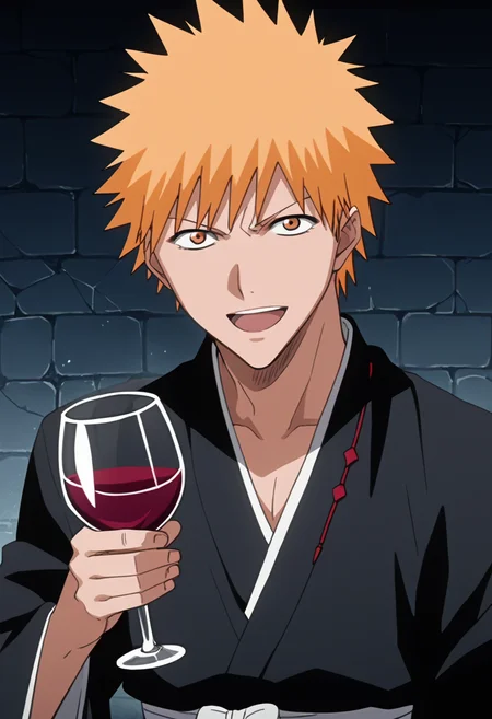score_9, score_8_up, score_7_up, source_anime, masterpiece, 1boy, ichigo kurosaki, japanese clothes, , <lora:ichigo_kurosaki_ponyxl:1>, , happy, ^o^, open mouth, xd,, dungeon, cracks , stone room, dark room, fantasy , dust ,, solo,  upper body,  holding wine glass,  looking at viewer,