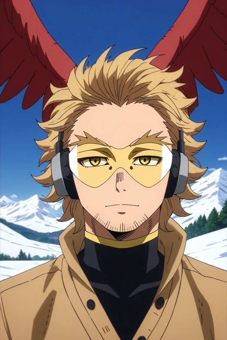 score_9, score_8_up, score_7_up, source_anime, rating_safe, intricate details, anime screencap, , official style, , , 1boy, solo, male focus, <lora:keigo_takami_pony:0.92>, keigo_takami, blonde hair, yellow eyes, medium hair, facial hair, stubble, wings, feathered wings, red wings, tinted eyewear, headphones, facial mark, cowboy shot, snowy mountain, noon, holding weapon, seductive smile, cardigan, bobble hat, <lora:sdxl_lightning_8step_lora:1>