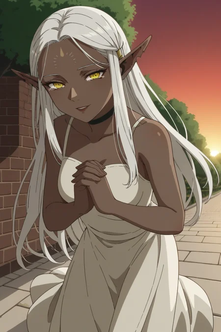 score_9, score_8_up, score_7_up, source_anime, 1girl, prefect lighting, very aesthetic, intricate details, highly detailed background, masterpiece, high quality, prefect hands, best quality, solo,
<lora:Cithis_Dungeon_Meshi_V3:.85>, yellow eyes, dark elf, pointy ears, elf, forehead mark, dark skin, white hair, long hair, half-closed eyes, notched ear,
long white sundress, bare shoulders, floating hair, windy, own hands together, tearing up, tears,
outdoors, courtyard, park, brick road, stone gate, benches and trees, sunset, red sky, skyline,
from above, looking at viewer, smile, parted lips, closed eyes, standing on one leg,
(Beautiful, medium Breasts:1.2), natural breasts,