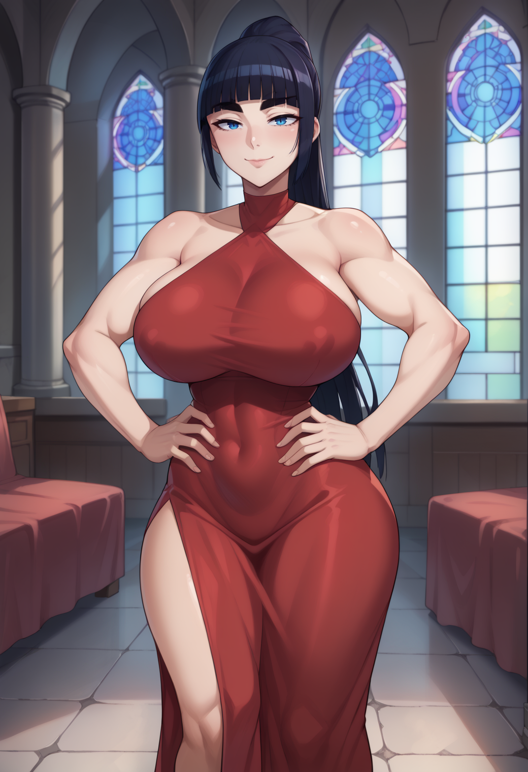 score_9,score_8_up,score_7_up,source_anime BREAK high detail,good hands,perfect hands,<lora:Ebino_Mei_Pony_V1>,ebino mei,long hair,high ponytail,blunt bangs,thick eyebrows,eyebrows visible through hair,blue eyes,1girl,solo,tight clothes,red evening gown,side slit,tall female,large breasts,hands on own hips,seductive smile,looking at viewer,closed mouth,mansion,indoors
