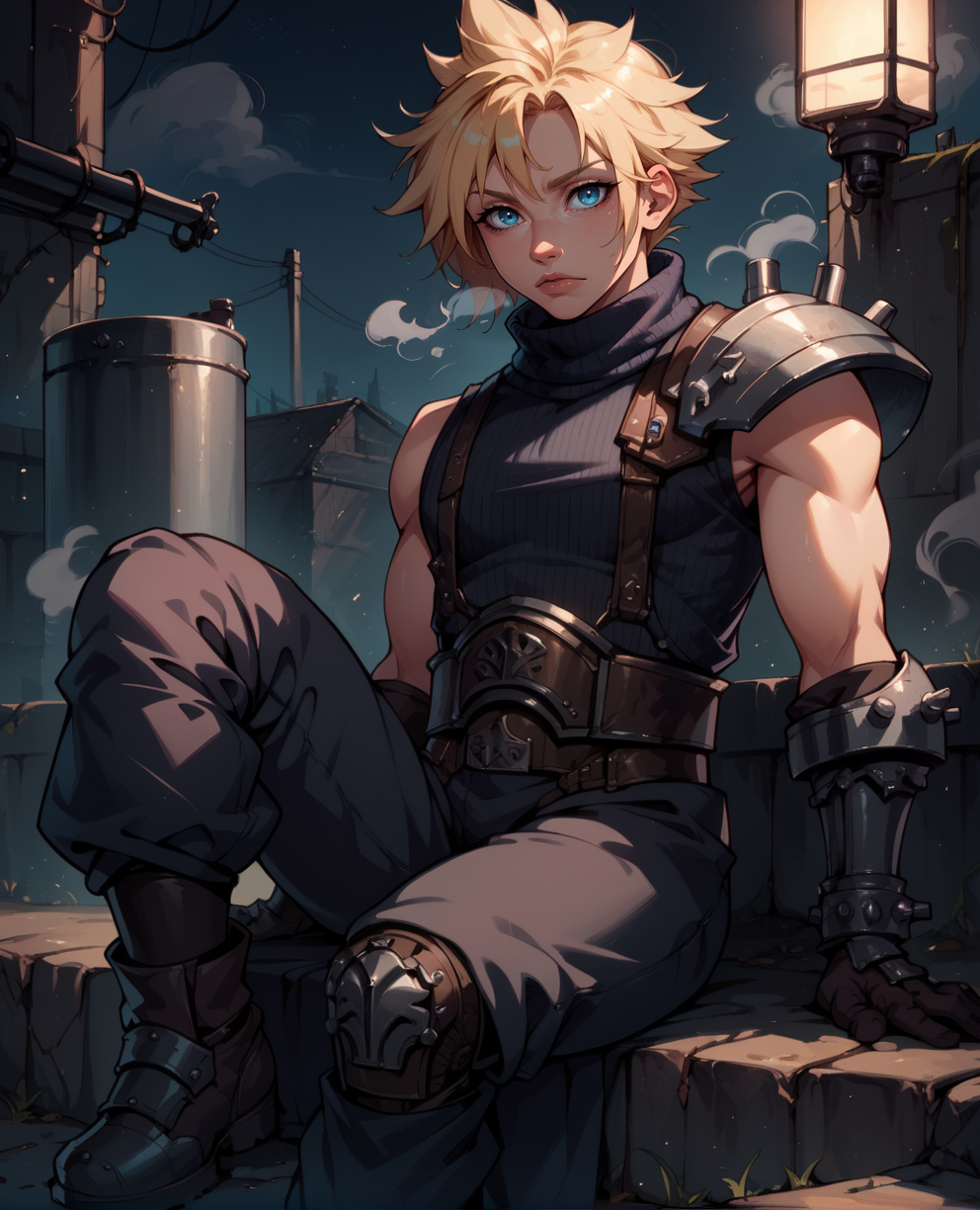 score_9,score_8_up,score_7_up,
cloudxl,blonde hair,spiked hair,blue eyes,solo,
sleeveless,gloves,turtleneck,armor,shoulder armor,sleeveless turtleneck,
looking at viewer,sitting,
steam pipes, 
night,industrial,<lora:CloudXL:0.9>,