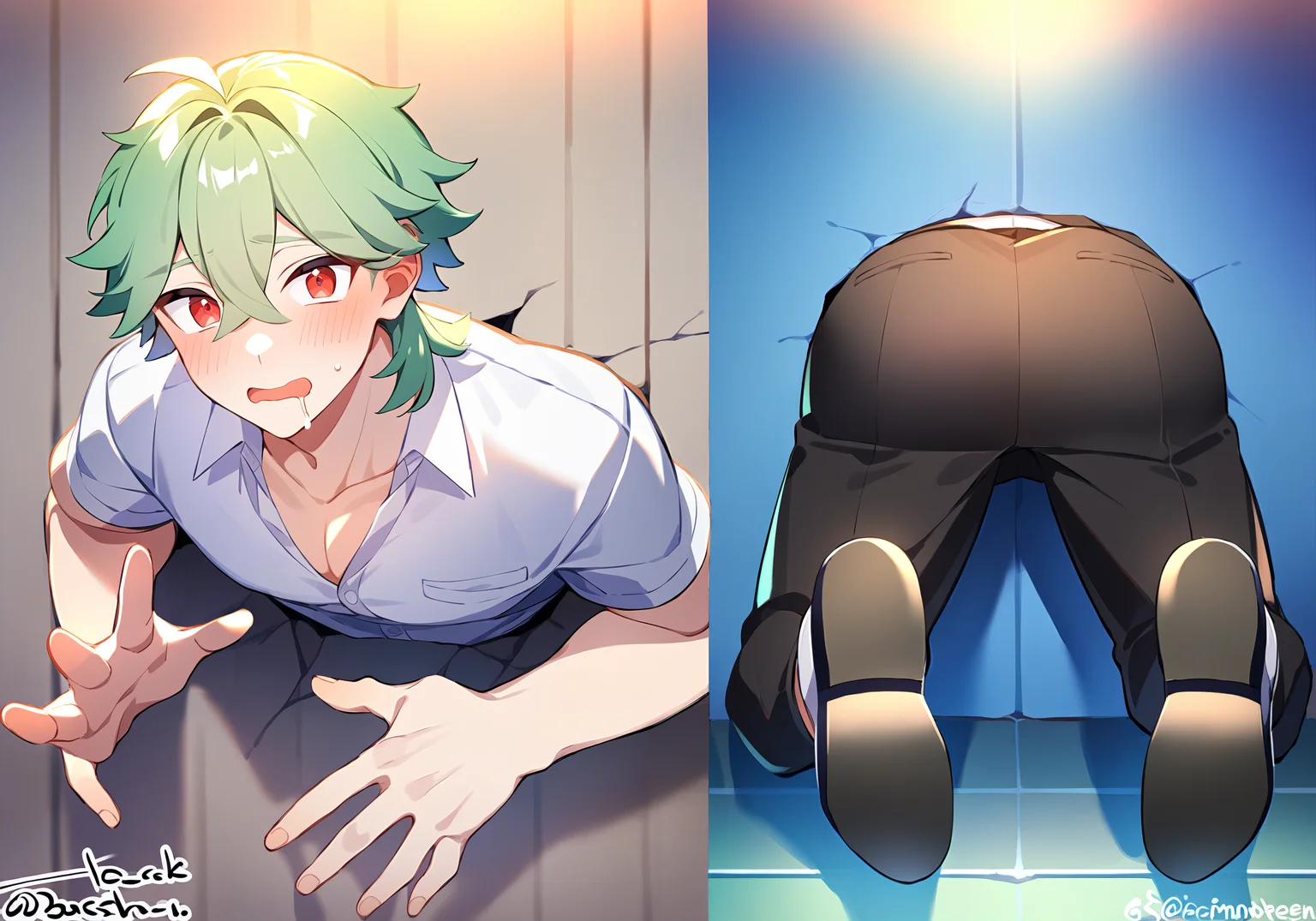 best quality, amazing quality, best aesthetic, amazing aesthetic, 2023, nsfw, 1boy, from front, from behind, green hair, red eyes, medium hair, shirt, pants, clothed, shoes, blush, butt, drooling, male, through wall, multiple angles, stuck, <lora:ThroughWallBothViewsPonyXL:1>, hands