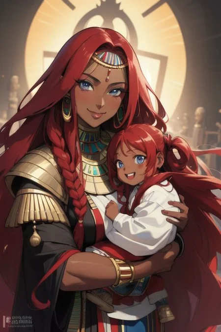 masterpiece, best quality, ultra realistic, 8k uhd, very high quality, extremely detailed face:, very dark skin and very muscular Egyptian-Japanese mother holding her very dark skin female toddler, both are smiling and happy, both have very dark skin as well as bright blue eyes and absurdly long ruby red hair, super long ruby red hair, muscles, in the city