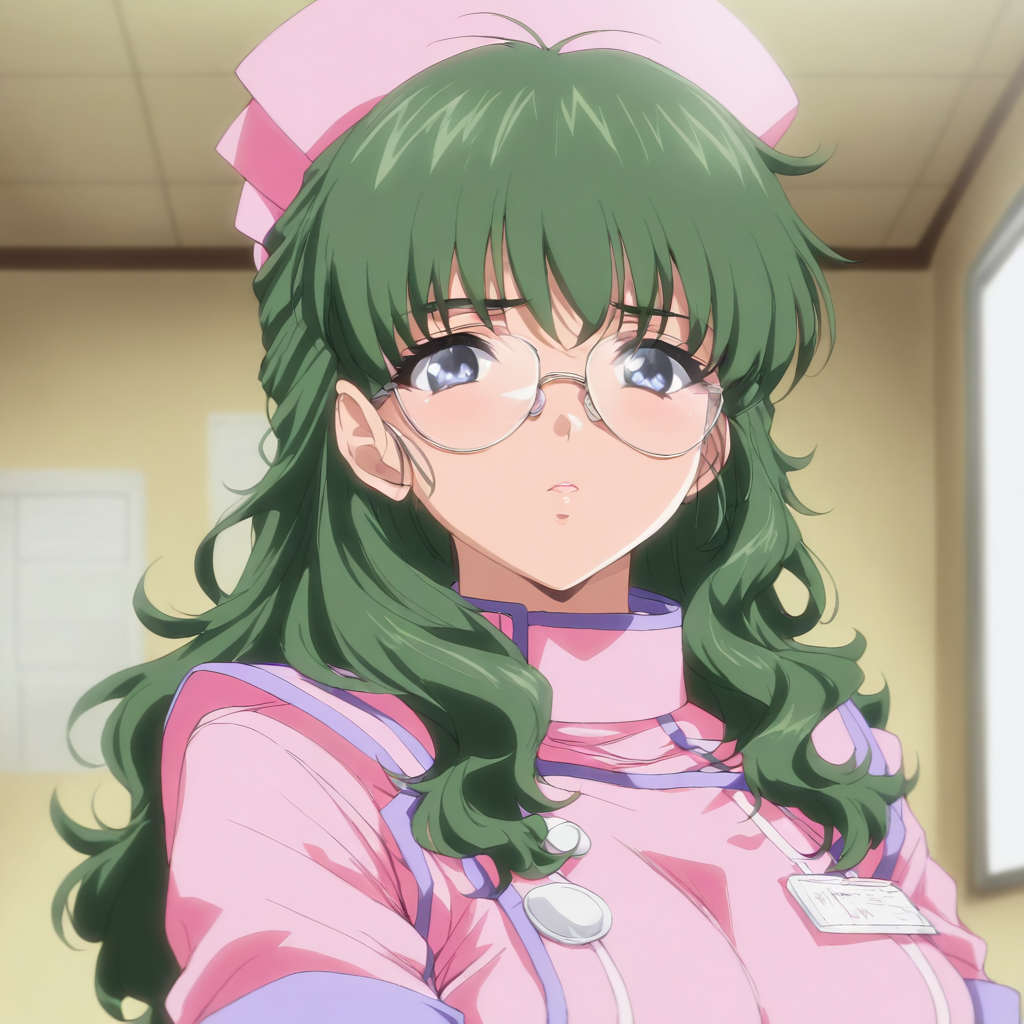 masterpiece,high score,great score,absurdres,1girl,solo,looking at viewer,upper_body,portrait,<lora:Aoi_Akimoto ag4o v1:1> aoi_akimoto, green hair, long hair, blue eyes, glasses,nurse,