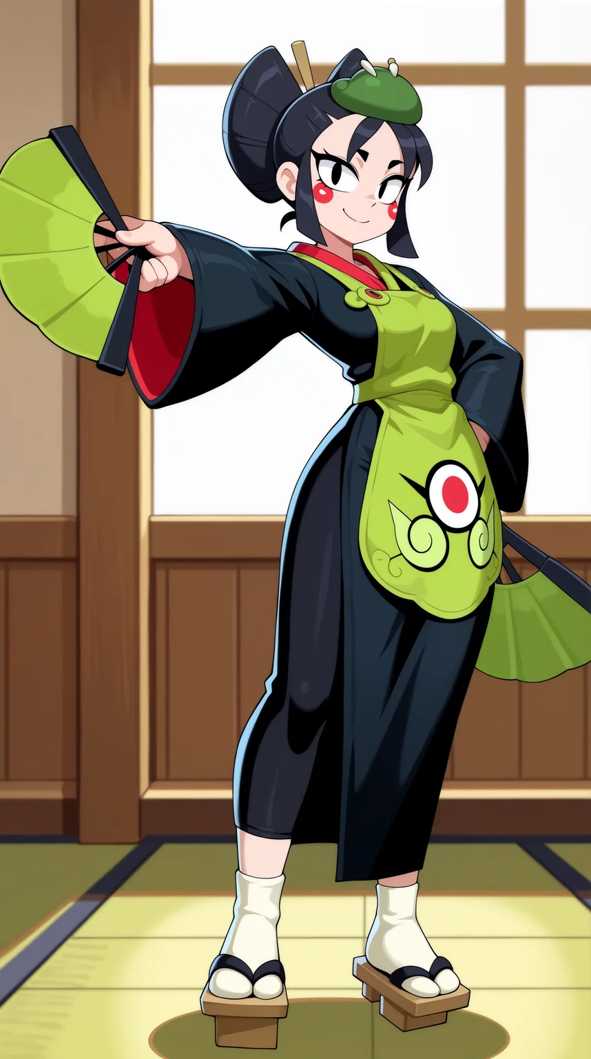 masterpiece, best quality, amazing quality, aesthetic,  absurdres, best quality, 4k, upscale, indoors, (dynamic pose, foreshortening), kaze, solo, 1girl, black hair, japanese clothes, black eyes, smile, geta, dual wielding, hand fan kimono, full body, knife, sandals, standing, apron, looking at viewer  <lora:Kaze_IL:0.8>