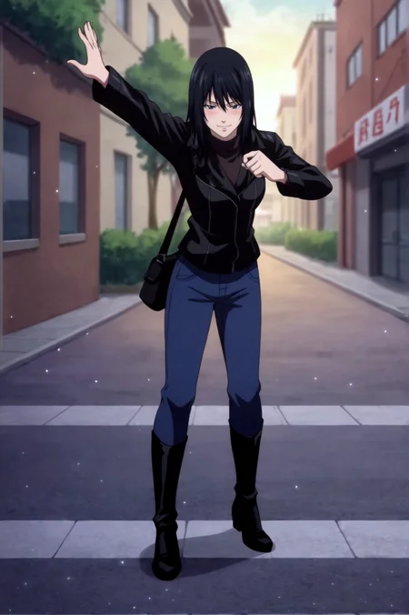 score_9, score_8_up, score_7_up,anime_source, source_anime, best background, detailed background, anime screencap, Naomi Misora,outdoors, coat, street, soft particles, blush, naughty face, naughty face, dancing, full body, boots, <lora:JN_Naomi_Misora:0.8>