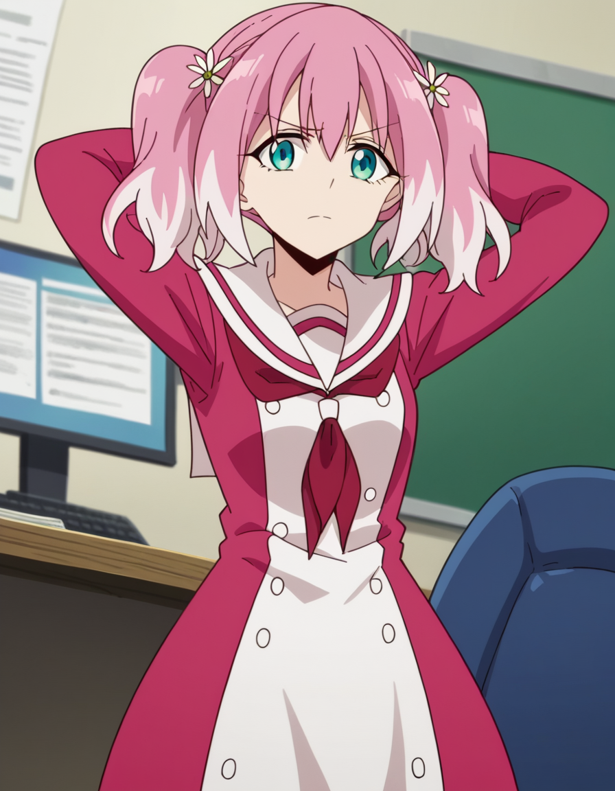 score_9, score_8_up, score_7_up, source_anime, <lora:nana-hiiragi-s1-ponyxl-lora-nochekaiser:1>, nana hiiragi, aqua eyes, twintails, pink hair, flower, white hair, multicolored hair, hair flower, two-tone hair, anime screencap, dress, school uniform, sailor dress, red neckerchief, white sailor collar,, office, desk, computer, chair, paperwork, , hands behind head,, looking at viewer, solo,, dutch angle, cowboy shot