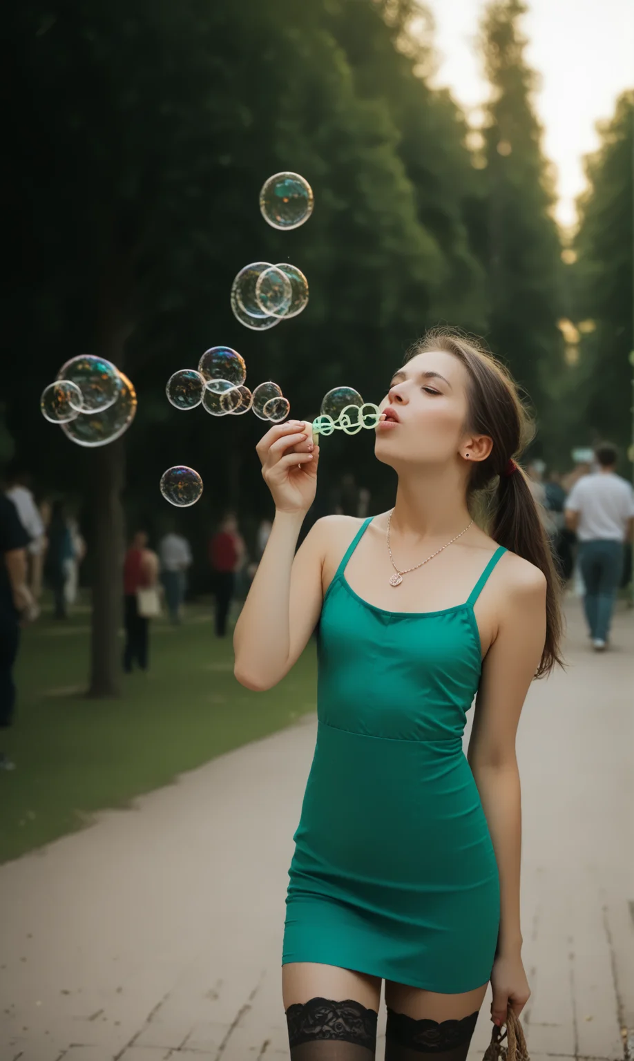 score_9, score_8_up, score_7_up, blobub, (slim girl) in green short dress blowing bubbles in a crowded park. necklace , holdup stockings, long brunette ponytail
<lora:BlowBubblesPony:1>