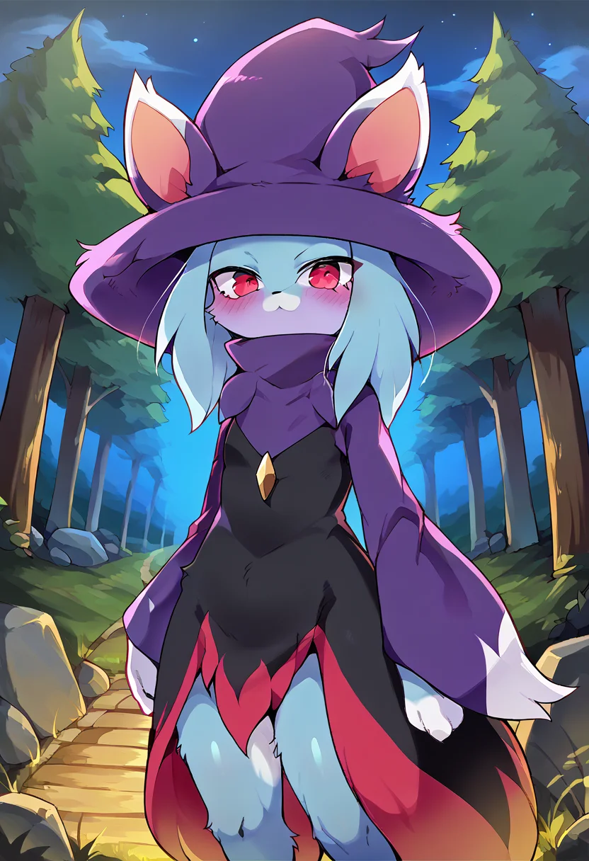 <lora:pony_good_hands:1>, <lora:Anime Style 2 SDXL_LoRA_Pony Diffusion V6 XL:0.2>, score_9, score_8_up, score_7_up, source_anime, good_hands,
<lora:Dagashi_Artist_Style_PonyXL:0.8>, outdoors, nature, night sky, tree, rock,
BREAK
<lora:PalKat-000020:1>, PalKat, blue fur, cat girl, wizard hat, black dress, cat ears, cat tail, 1girl, solo, beautiful red eyes, body fur, wide long sleeves, furry, two-tone fur, ears through headwear,
looking at viewer, standing,