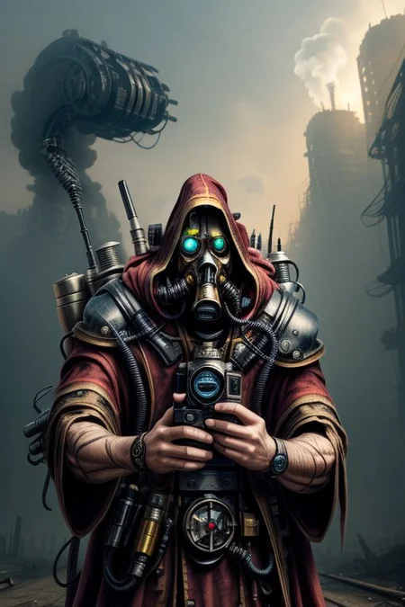 ((masterpiece,best quality)), absurdres, BREAK
mechanical arms, robes, hood, BREAK
((techpriest)), cyborg, mechanical face, mechanical limbs, gas mask, mechanical tentacles, (mechanical backpack), BREAK
1other, solo, holding pistol, firearm, handgun, pistol, gun, BREAK
factory background, smoggy sky, air pollution, smokestacks, BREAK
(internet horror face)