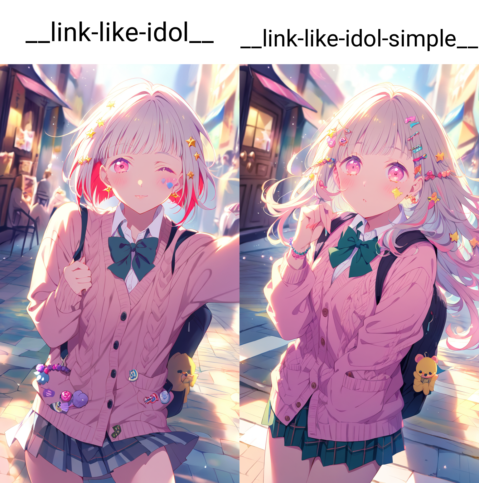 1girl, taking a selfie, yugiri tsuzuri, link! like! love live!, pink eyes, short grey hair, red streaked hair, red inner hair, inverted bob, diagonal bangs, star hair ornament,
(closed eyes,blush,laughing),
BREAK
wearing  cardigan, cable knit, buttons, star earrings, bow, plushie in pocket, heart sticker on cheek, school uniform, bowtie, untucked white shirt, black miniskirt, pleated skirt, plaid skirt, (too many hair ornaments:1.3), bead bracelet, colored fingernails, bag charm, backpack,
BREAK
looking at viewer,
seductive pose,
outdoors, awning, cityscape, street, crosswalk, cafe, storefront, crowd, sky,
(decora:1.3), (pastel colors:1.1),
QUALITY
(masterpiece, very aesthetic, absurdres),
BREAK
at noon, (sunbeam:1.1), (sunlight:1.1), rainbow highlights, bloom, dramatic lighting, (particles:1.2), (blurry background:1.2),  (from above,close-up,portrait), dutch angle blue shadow, backlighting,
<lora:outline_xl_end:-6>
