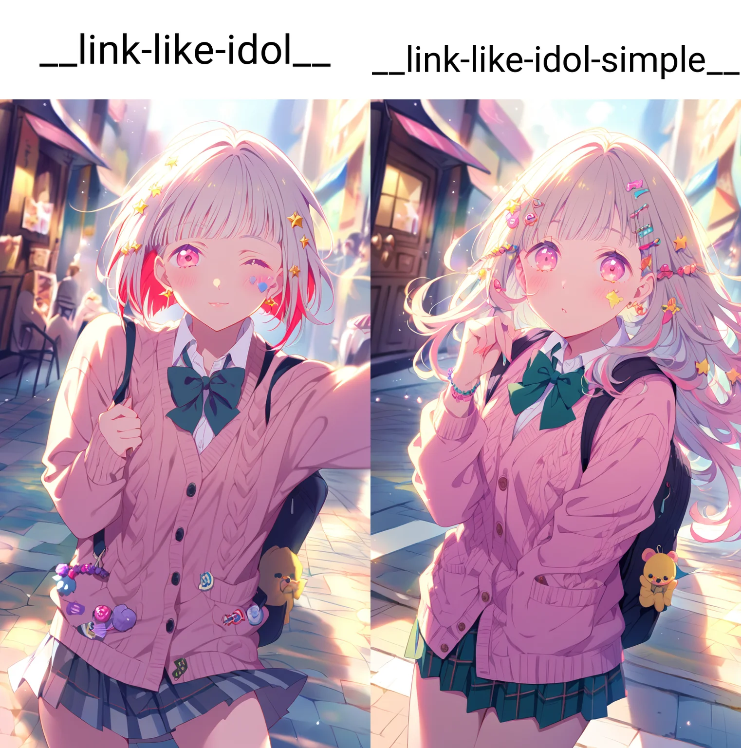 1girl, taking a selfie, yugiri tsuzuri, link! like! love live!, pink eyes, short grey hair, red streaked hair, red inner hair, inverted bob, diagonal bangs, star hair ornament,
(closed eyes,blush,laughing),
BREAK
wearing cardigan, cable knit, buttons, star earrings, bow, plushie in pocket, heart sticker on cheek, school uniform, bowtie, untucked white shirt, black miniskirt, pleated skirt, plaid skirt, (too many hair ornaments:1.3), bead bracelet, colored fingernails, bag charm, backpack,
BREAK
looking at viewer,
seductive pose,
outdoors, awning, cityscape, street, crosswalk, cafe, storefront, crowd, sky,
(decora:1.3), (pastel colors:1.1),
QUALITY
(masterpiece, very aesthetic, absurdres),
BREAK
at noon, (sunbeam:1.1), (sunlight:1.1), rainbow highlights, bloom, dramatic lighting, (particles:1.2), (blurry background:1.2), (from above,close-up,portrait), dutch angle blue shadow, backlighting,
<lora:outline_xl_end:-6>
