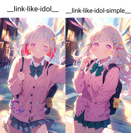 1girl, taking a selfie, yugiri tsuzuri, link! like! love live!, pink eyes, short grey hair, red streaked hair, red inner hair, inverted bob, diagonal bangs, star hair ornament,
(closed eyes,blush,laughing),
BREAK
wearing cardigan, cable knit, buttons, star earrings, bow, plushie in pocket, heart sticker on cheek, school uniform, bowtie, untucked white shirt, black miniskirt, pleated skirt, plaid skirt, (too many hair ornaments:1.3), bead bracelet, colored fingernails, bag charm, backpack,
BREAK
looking at viewer,
seductive pose,
outdoors, awning, cityscape, street, crosswalk, cafe, storefront, crowd, sky,
(decora:1.3), (pastel colors:1.1),
QUALITY
(masterpiece, very aesthetic, absurdres),
BREAK
at noon, (sunbeam:1.1), (sunlight:1.1), rainbow highlights, bloom, dramatic lighting, (particles:1.2), (blurry background:1.2), (from above,close-up,portrait), dutch angle blue shadow, backlighting,
<lora:outline_xl_end:-6>