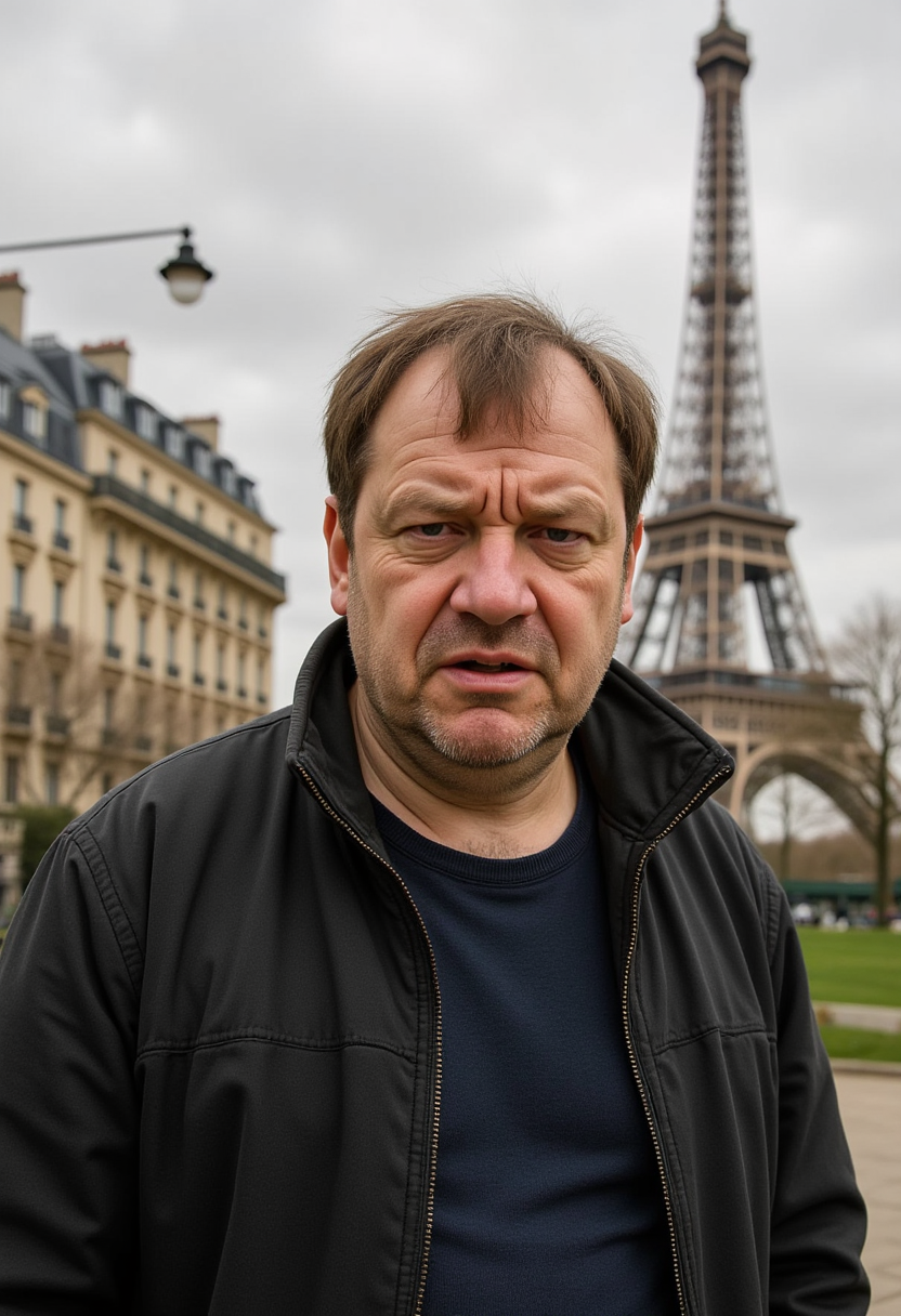 a man standing in front of the Eiffel Tower, wearing a jacket. The background of the image is filled with buildings, trees, and a light pole, while the sky is visible at the top.