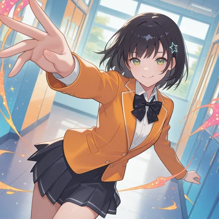 masterpiece, best quality, colorful, detailed background, <lora:lah-hitomi-v1-09:1> lah-hitomi, 1girl, solo, school_uniform, white shirt, ((sinlge)) star_hairclip, black bowtie, light-orange blazer, cowboy shot, dynamic_pose, dynamic_angle, black hair, school, smile,