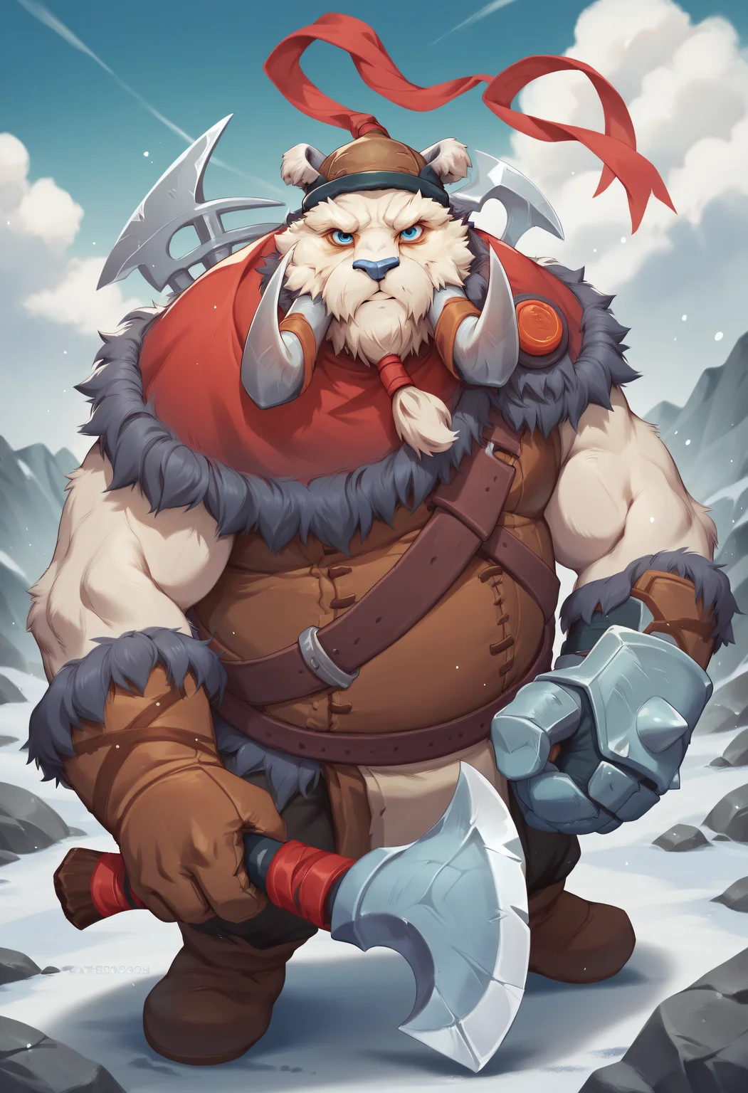 score_9, score_8_up, score_7_up, score_6_up, score_5_up, score_4_up, BREAK, tuskpdxl, tusks, gloves, coat, rock fist, hat, red ribbon, white fur, 1boy, male focus, solo, plump, furry male, furry, beard, facial hair, outdoors, igloo, friendly, blue eyes, <lora:YmirTheTusk:0.75>, axe, holding axe, looking at viewer
